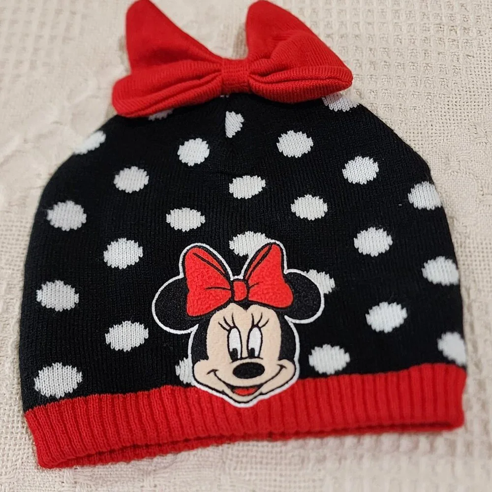 Girls Minnie Mouse Beanie Hat Embroidered Polka Dots Red Black White Bow Disney